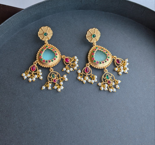 Golden Earrings with Monalisa Stone and Pearl Danglers