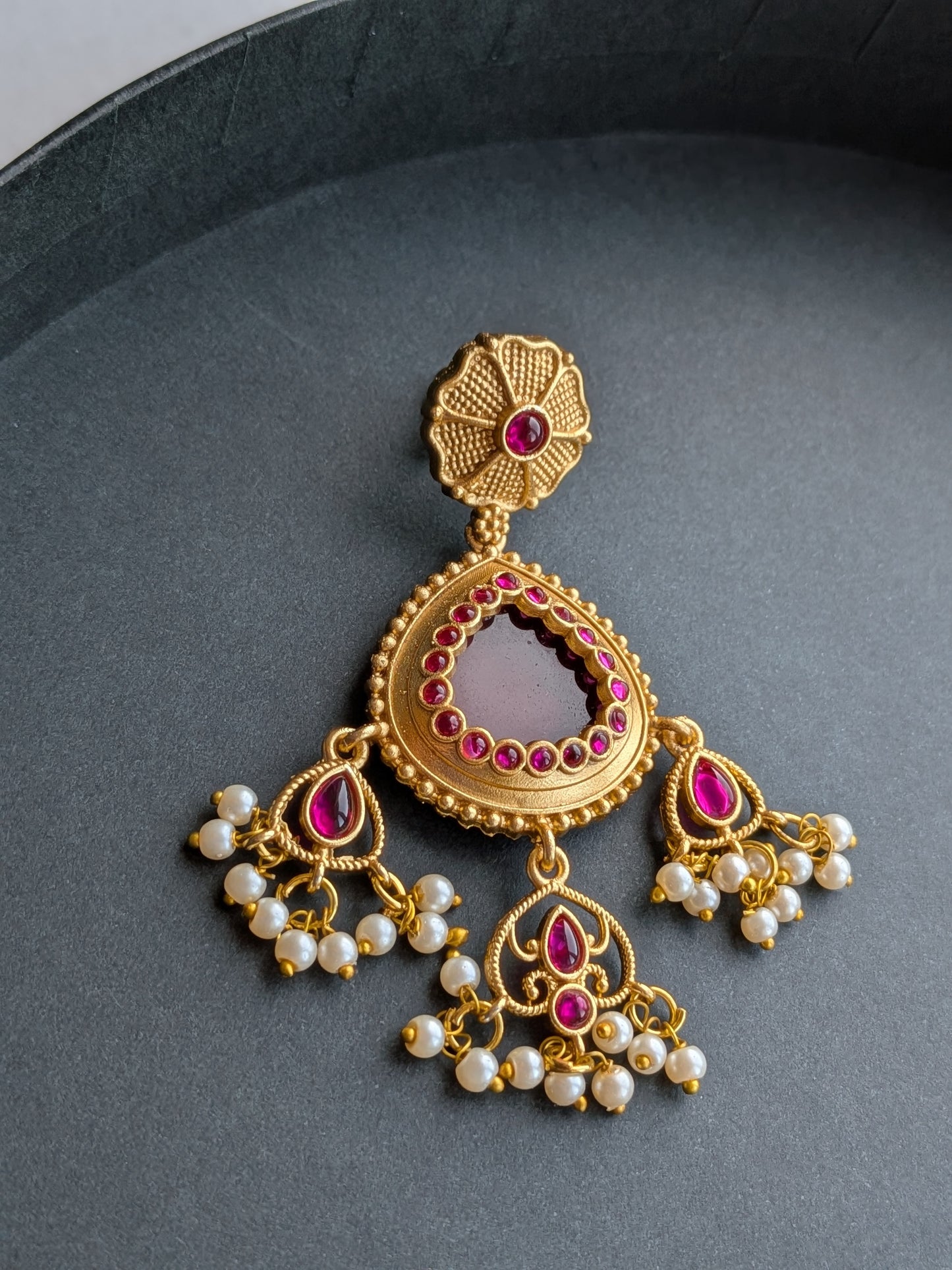 Golden Earrings with Monalisa Stone and Pearl Danglers