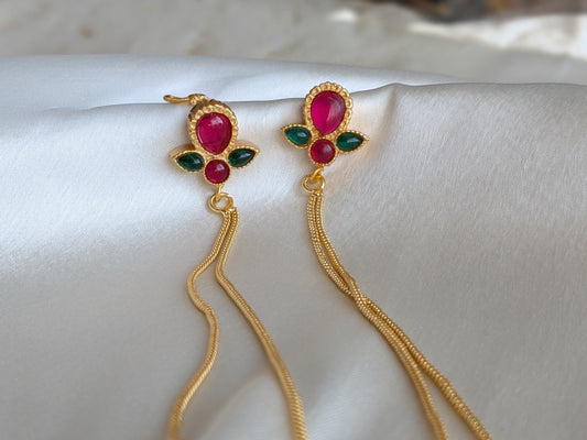 Golden Kashmiri Earrings with Red & Green Stones