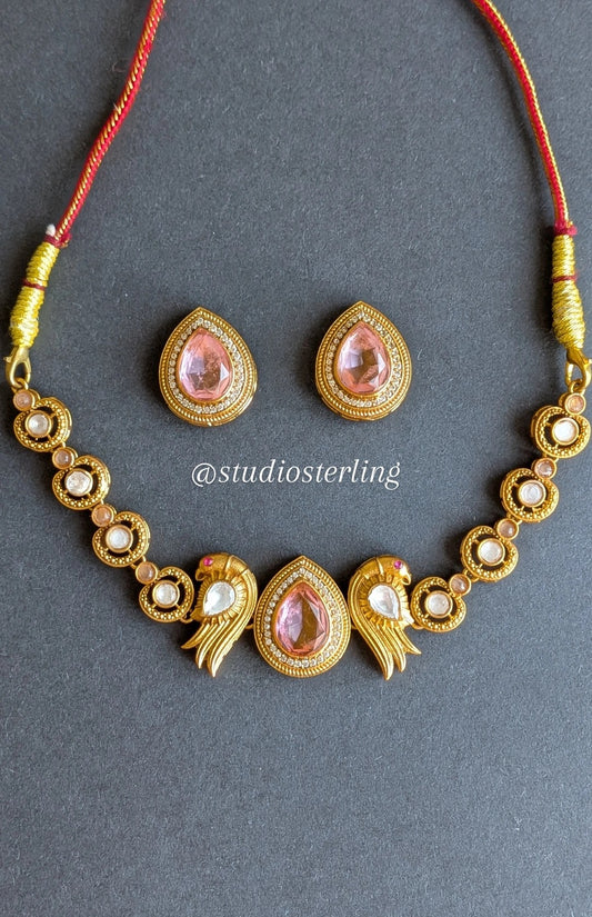 Golden Tone Choker Set with Doublet Stones - Baby Pink