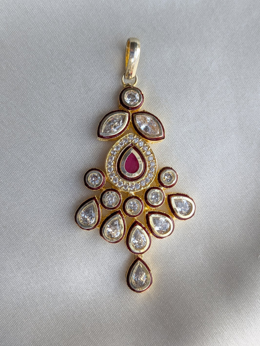 Golden Pendant Set with Kundan and AD in Ruby Red