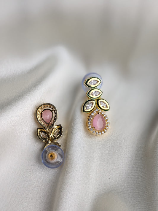 Golden earrings with Kundan and AD in baby pink