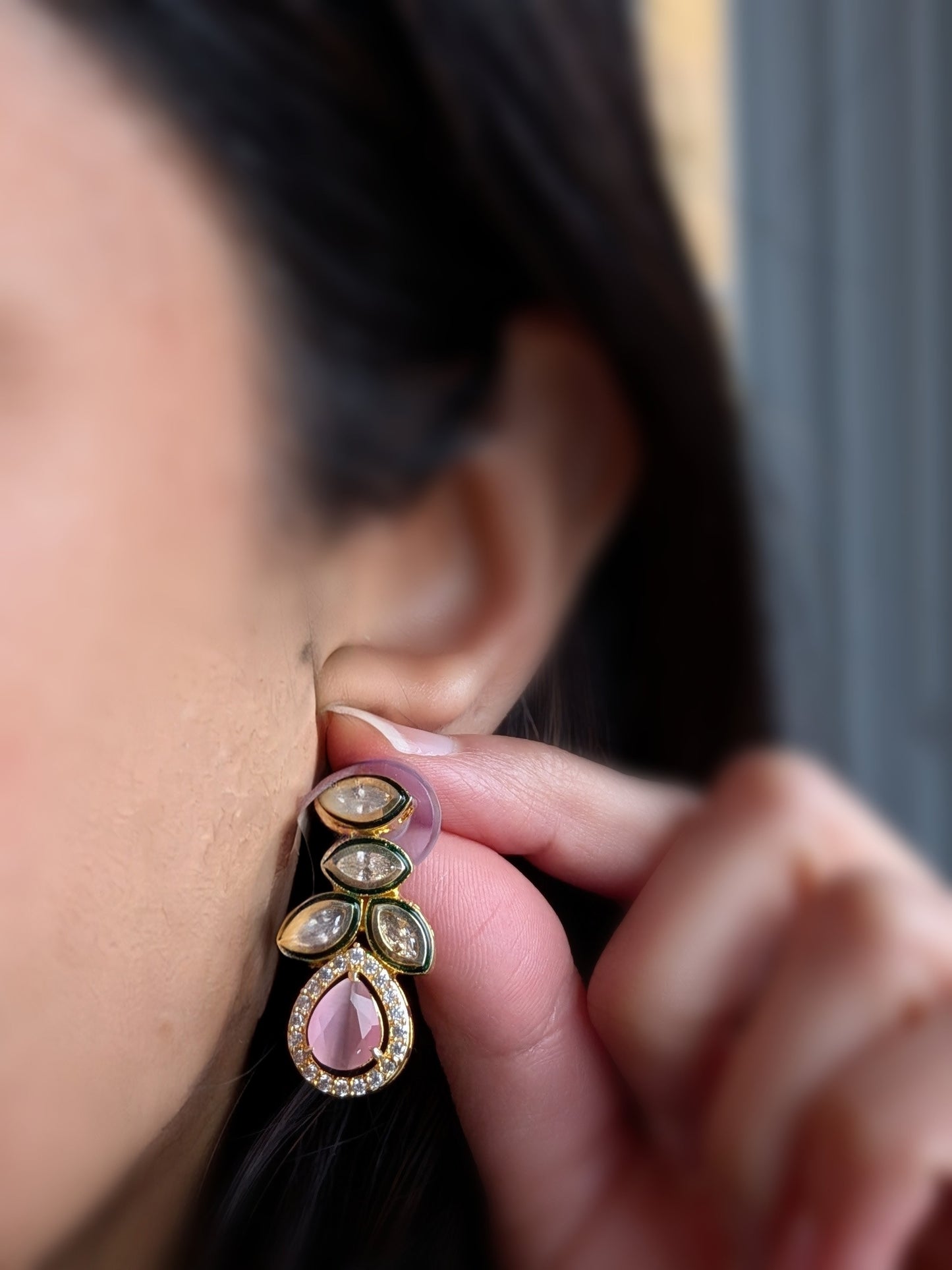 Golden earrings with Kundan and AD in baby pink