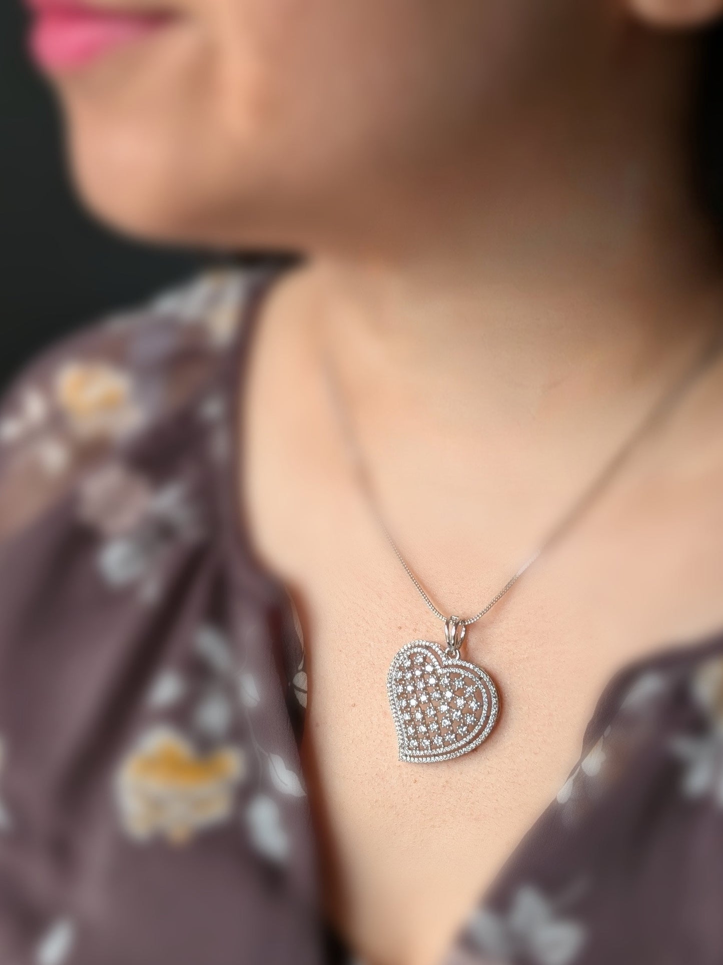 Chrome Finish Heart Shaped Pendant Set in AD