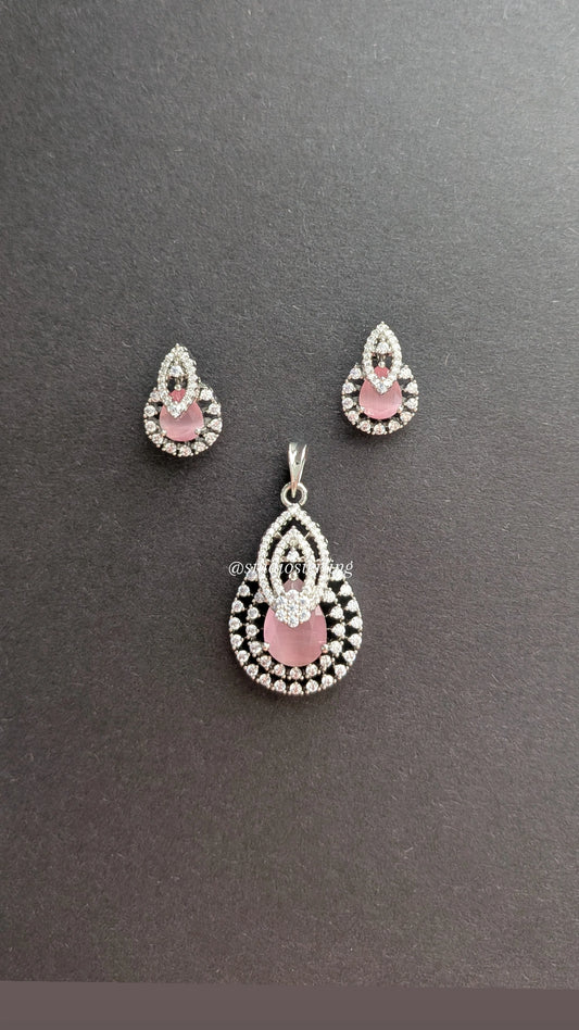 Chrome Finish Pendant Set in AD - Baby Pink
