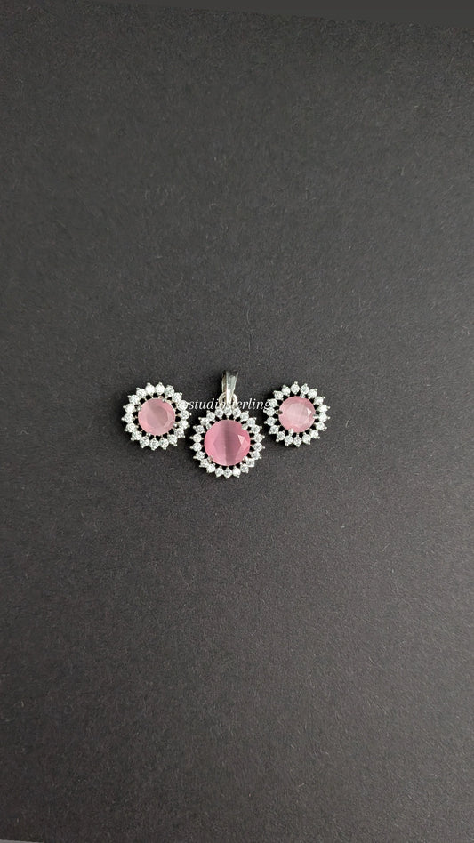 Chrome Finish Pendant Set in AD - Baby Pink