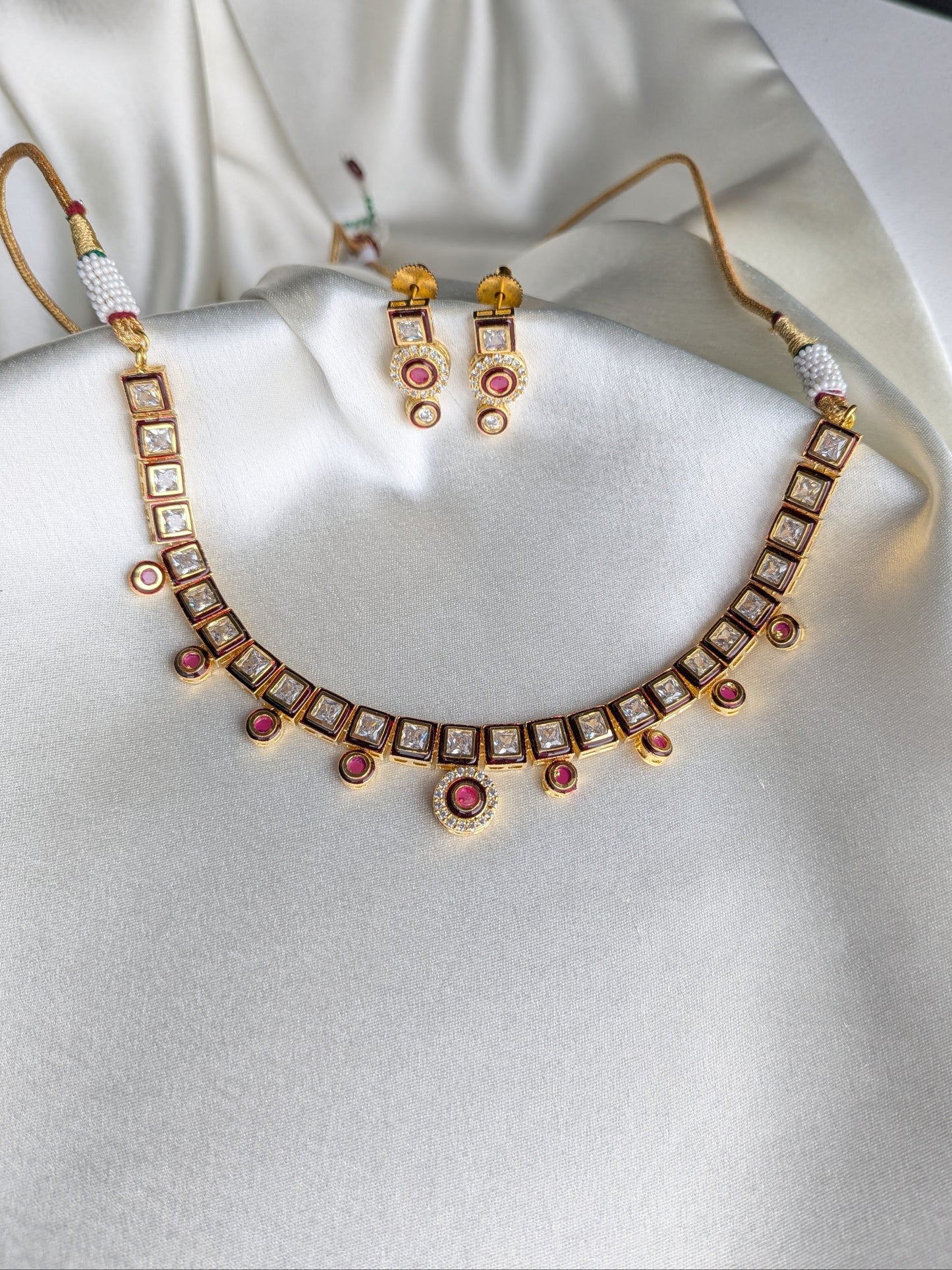 Short Necklace Set with Kundan and AD in Ruby Red