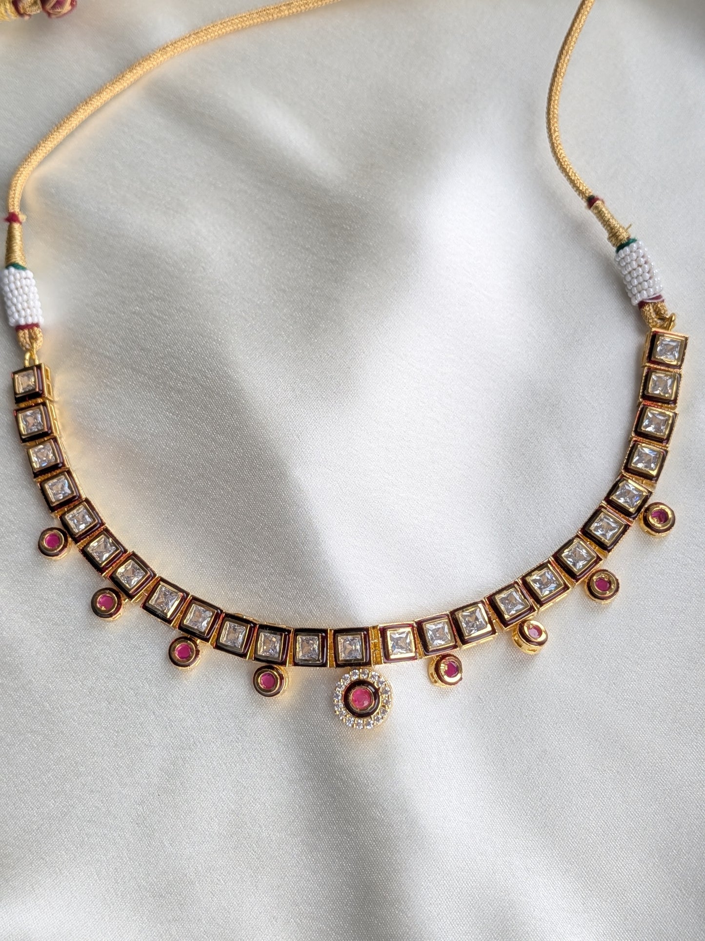 Short Necklace Set with Kundan and AD in Ruby Red