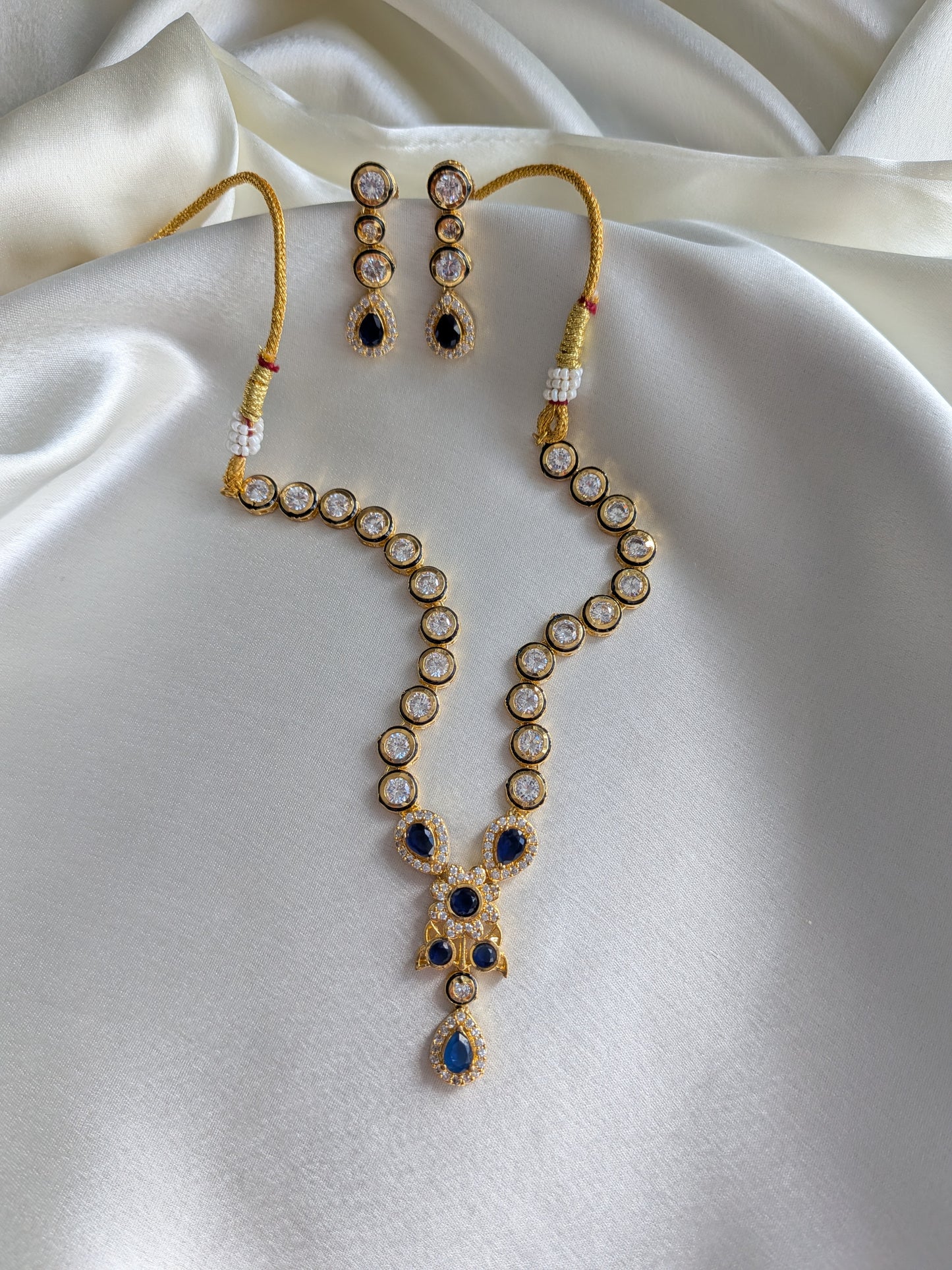 Short Necklace Set with Kundan and AD in Deep Blue