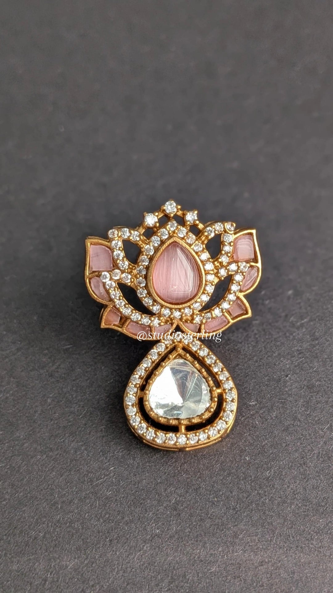 Premium Polki Lotus Earrings - Baby Pink