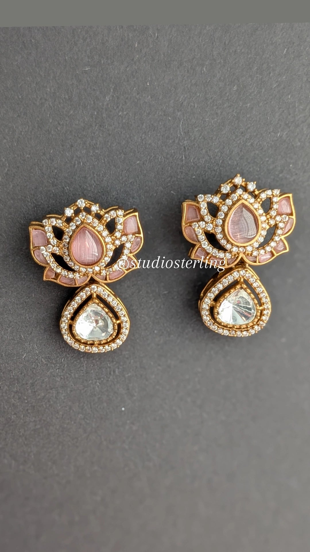 Premium Polki Lotus Earrings - Baby Pink