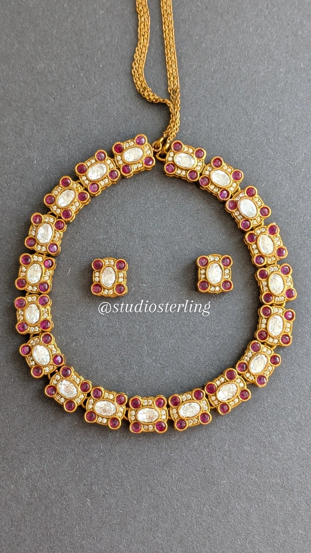 Premium Polki Necklace Set in Dark Pink