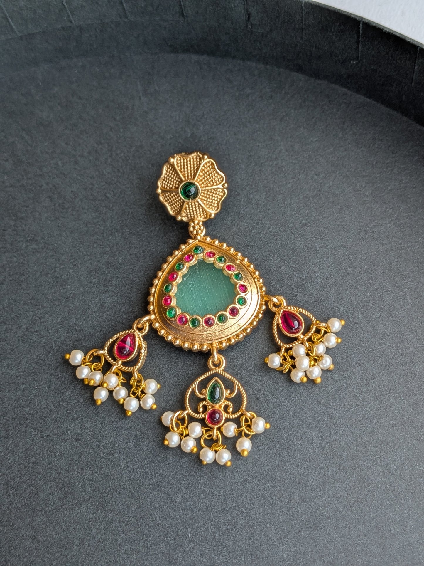 Golden Earrings with Monalisa Stone and Pearl Danglers