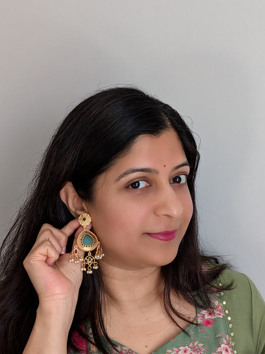Golden Earrings with Monalisa Stone and Pearl Danglers