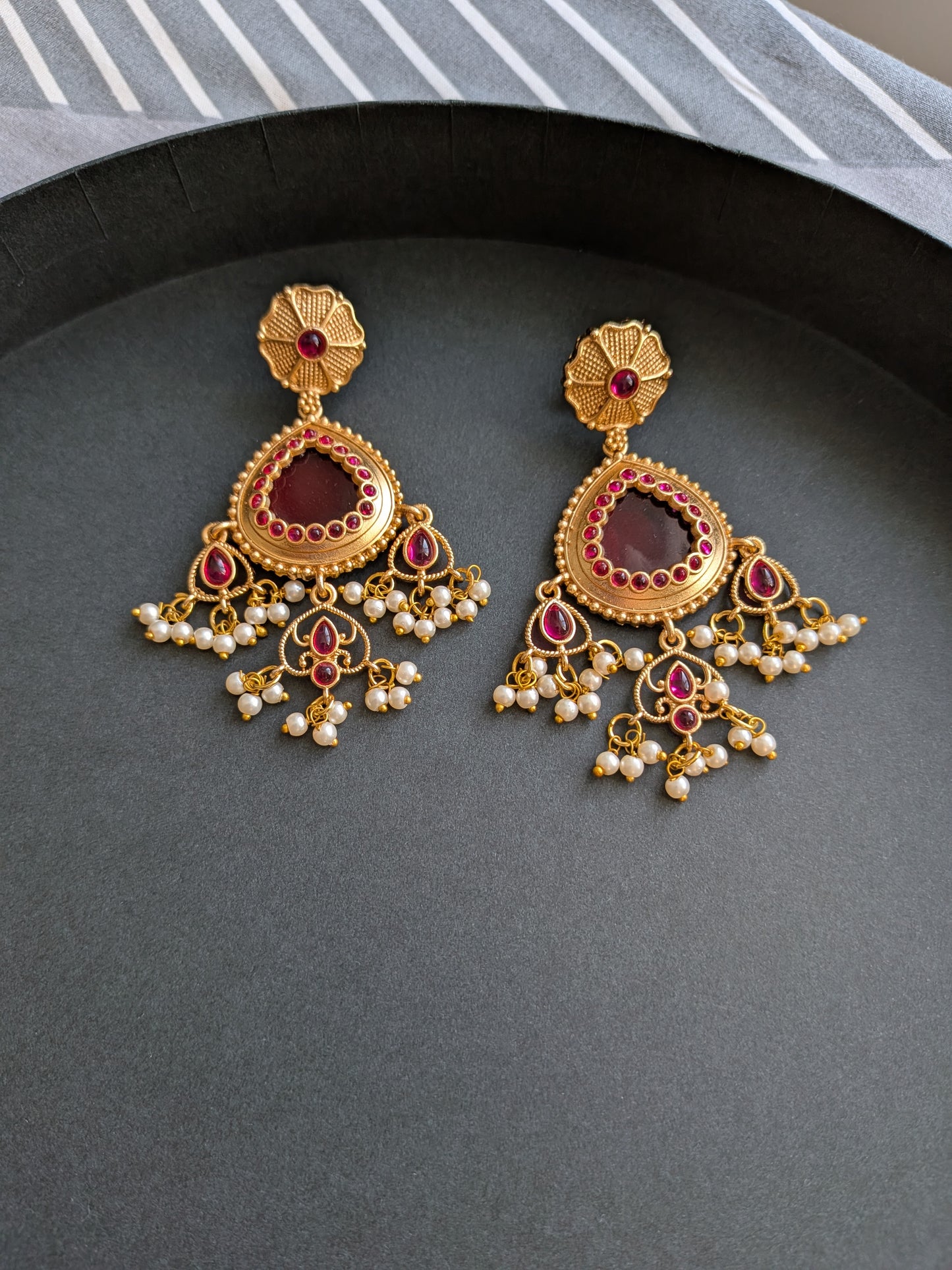 Golden Earrings with Monalisa Stone and Pearl Danglers