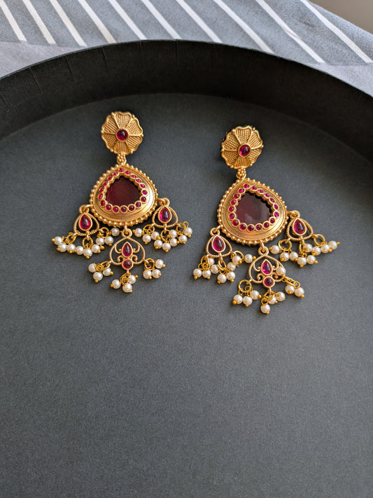 Golden Earrings with Monalisa Stone and Pearl Danglers