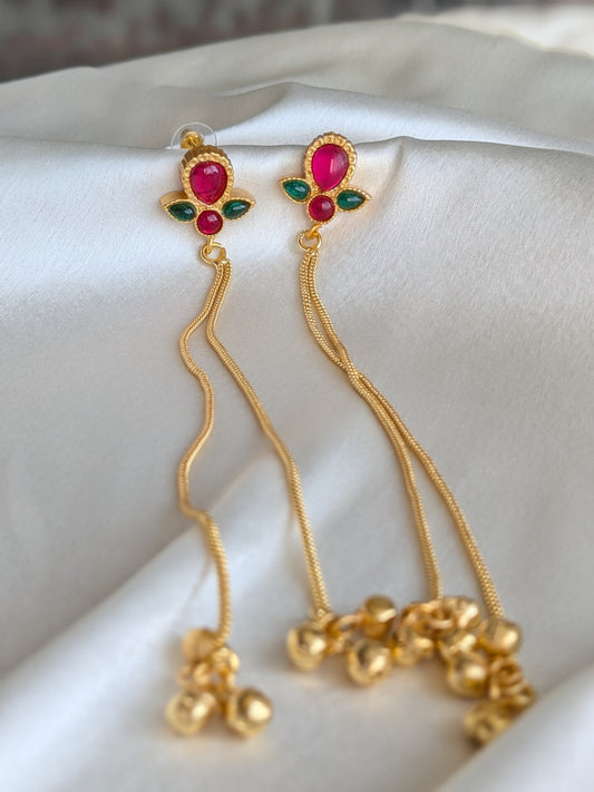 Golden Kashmiri Earrings with Red & Green Stones