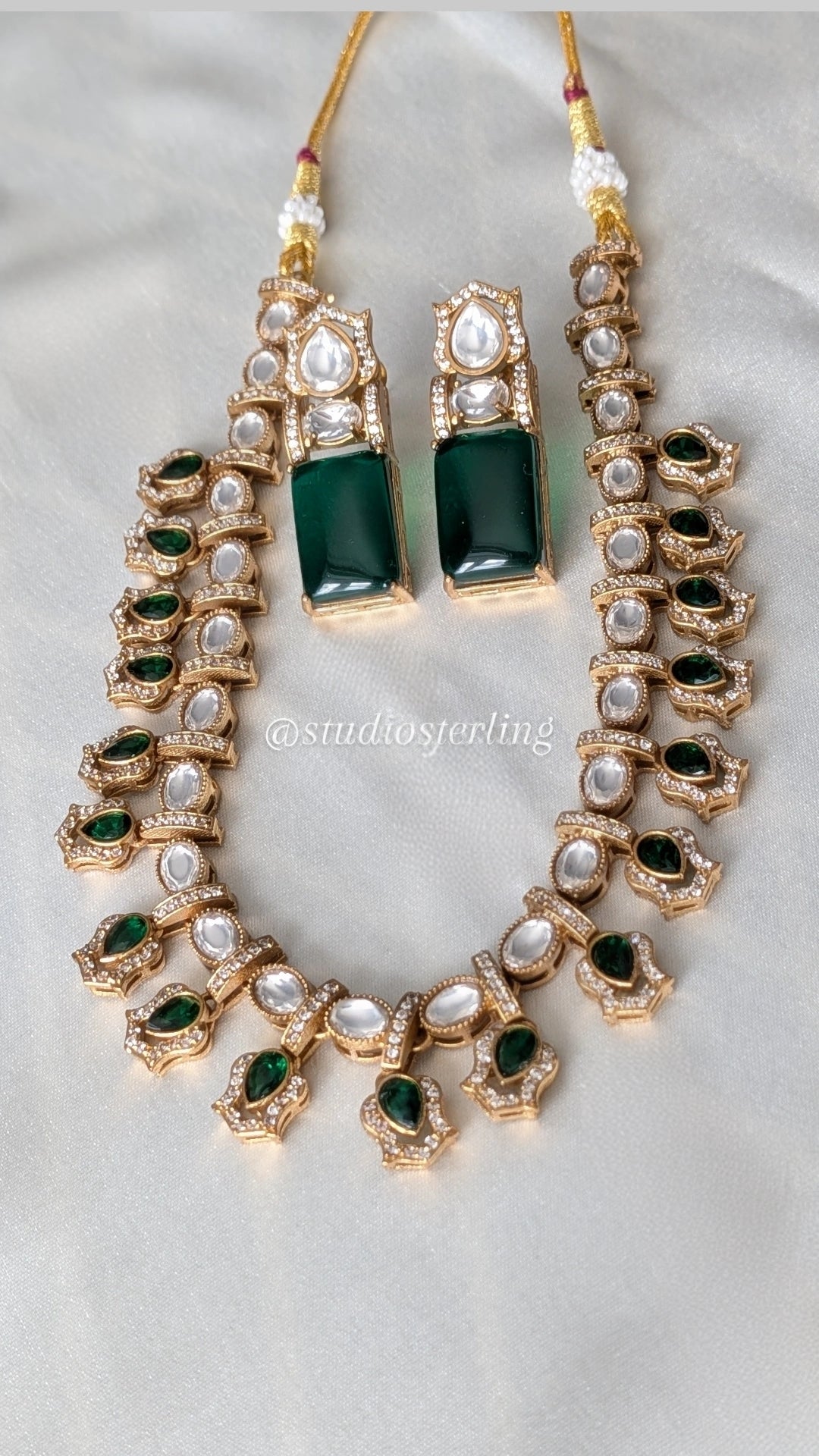 Premium Polki Necklace Set - Emerald Green
