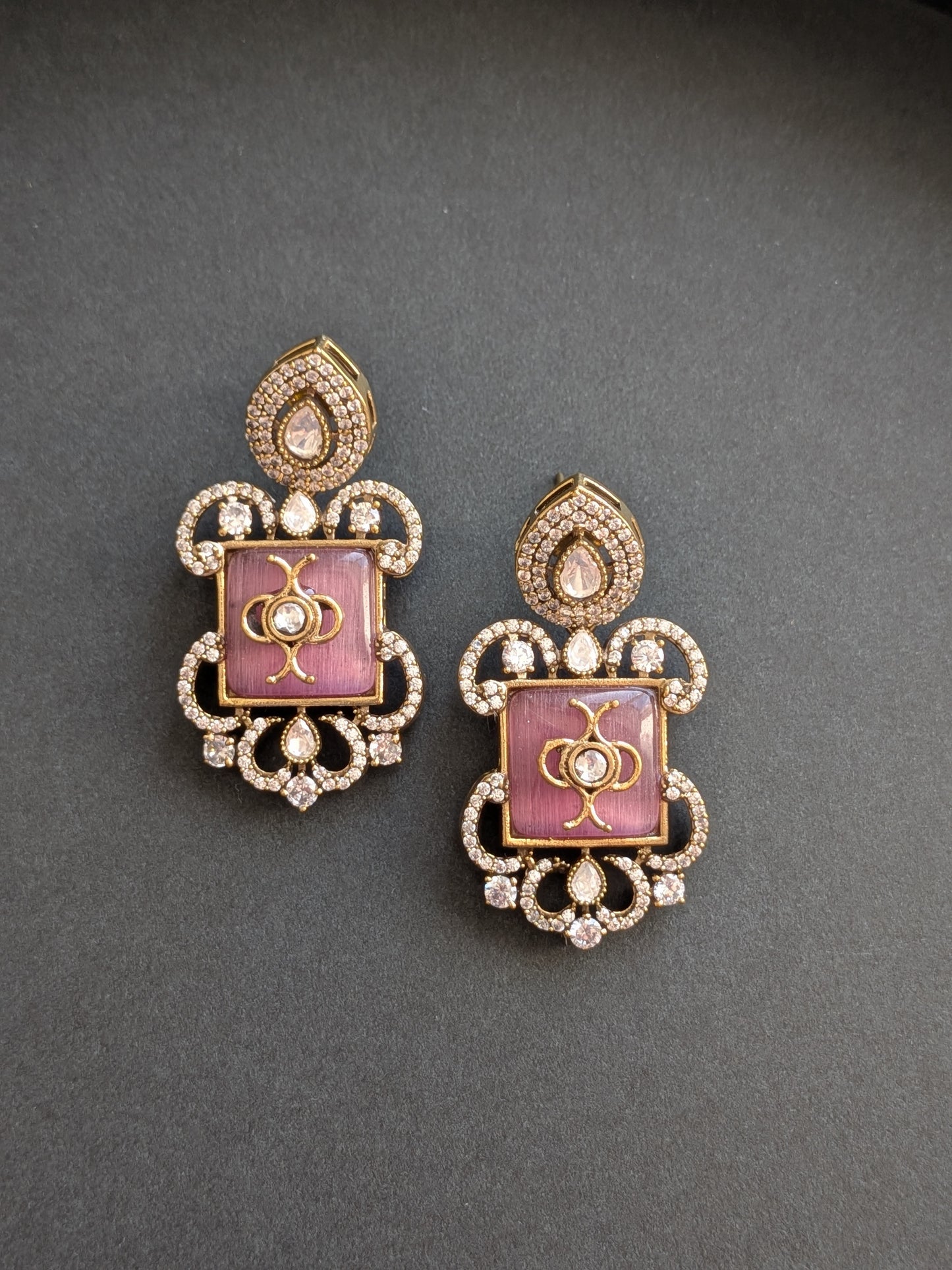 Premium Golden Polki Monalisa Stone AD Earrings - Blush pink