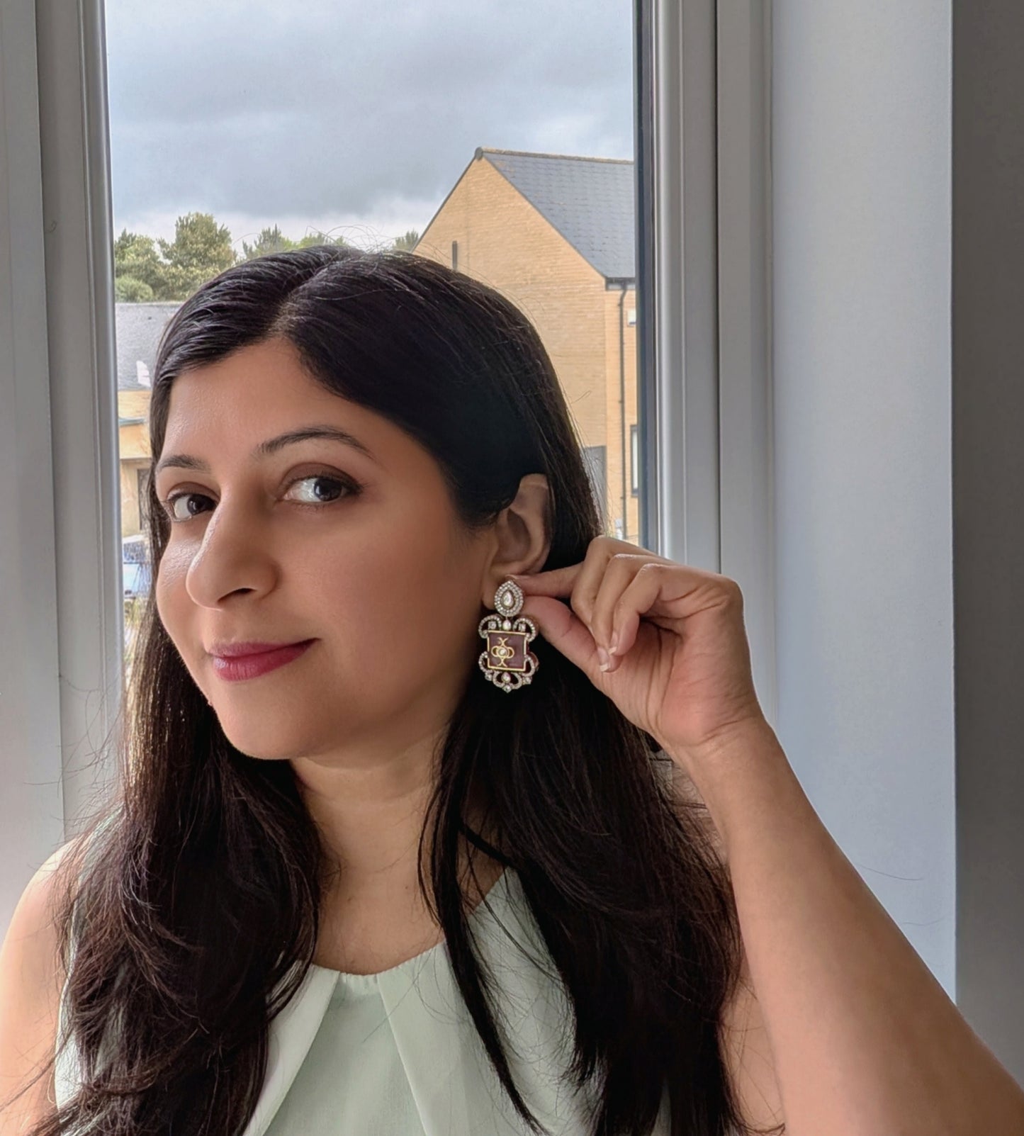 Premium Golden Polki Monalisa Stone AD Earrings - Blush pink