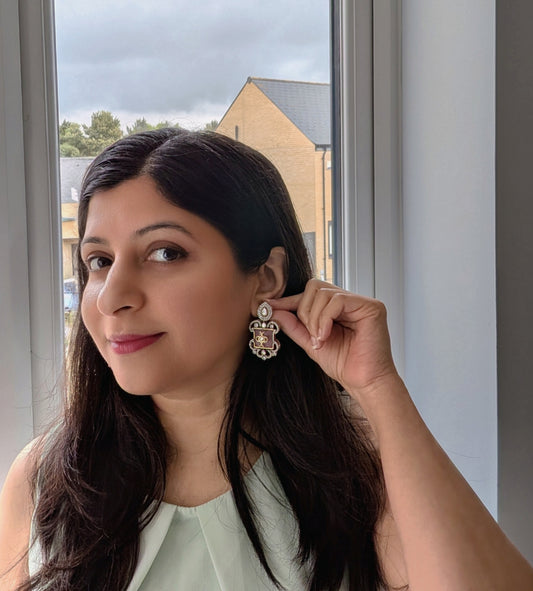 Premium Golden Polki Monalisa Stone AD Earrings - Blush pink