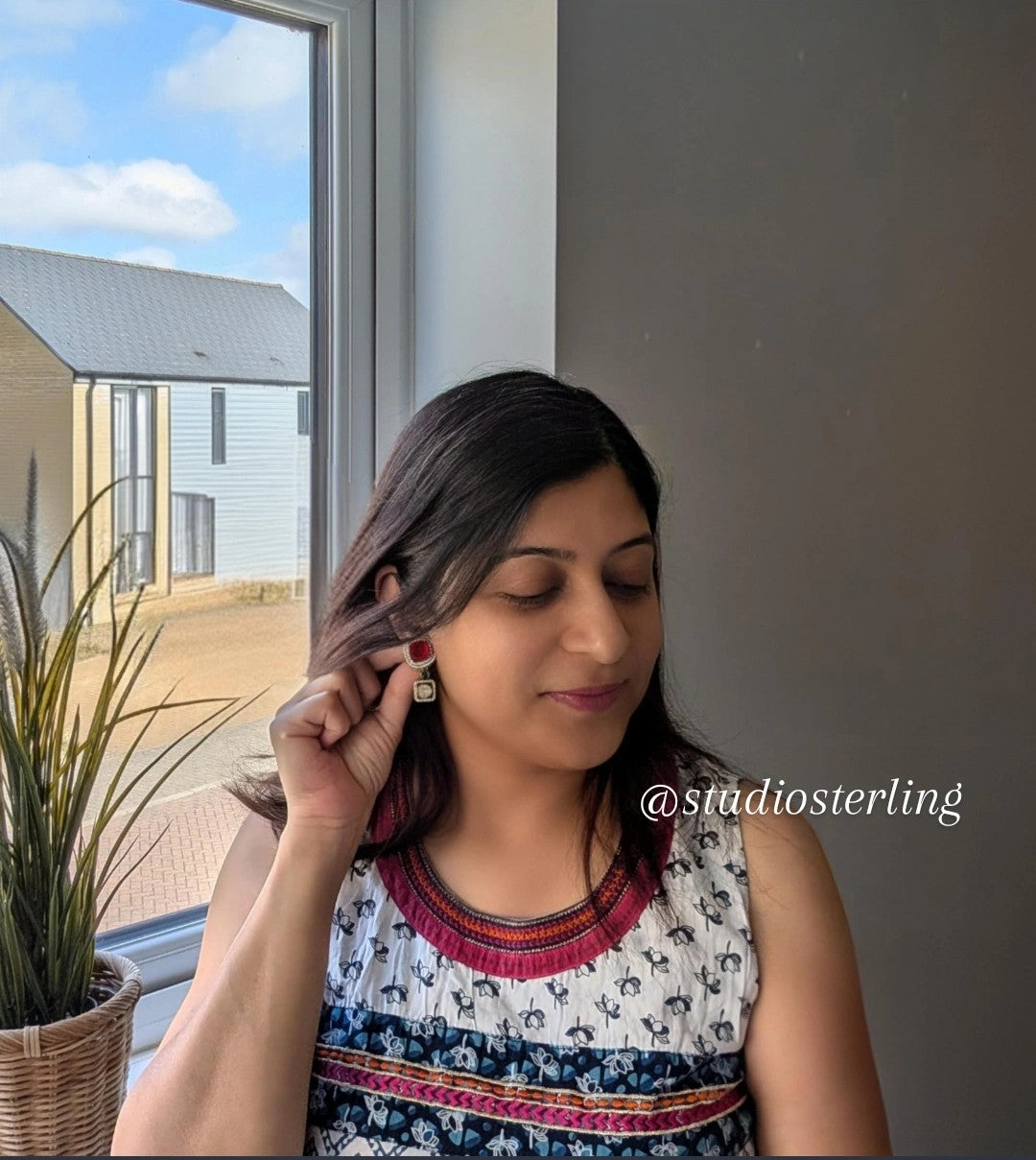 Premium Polki Earrings - Ruby Red & Green