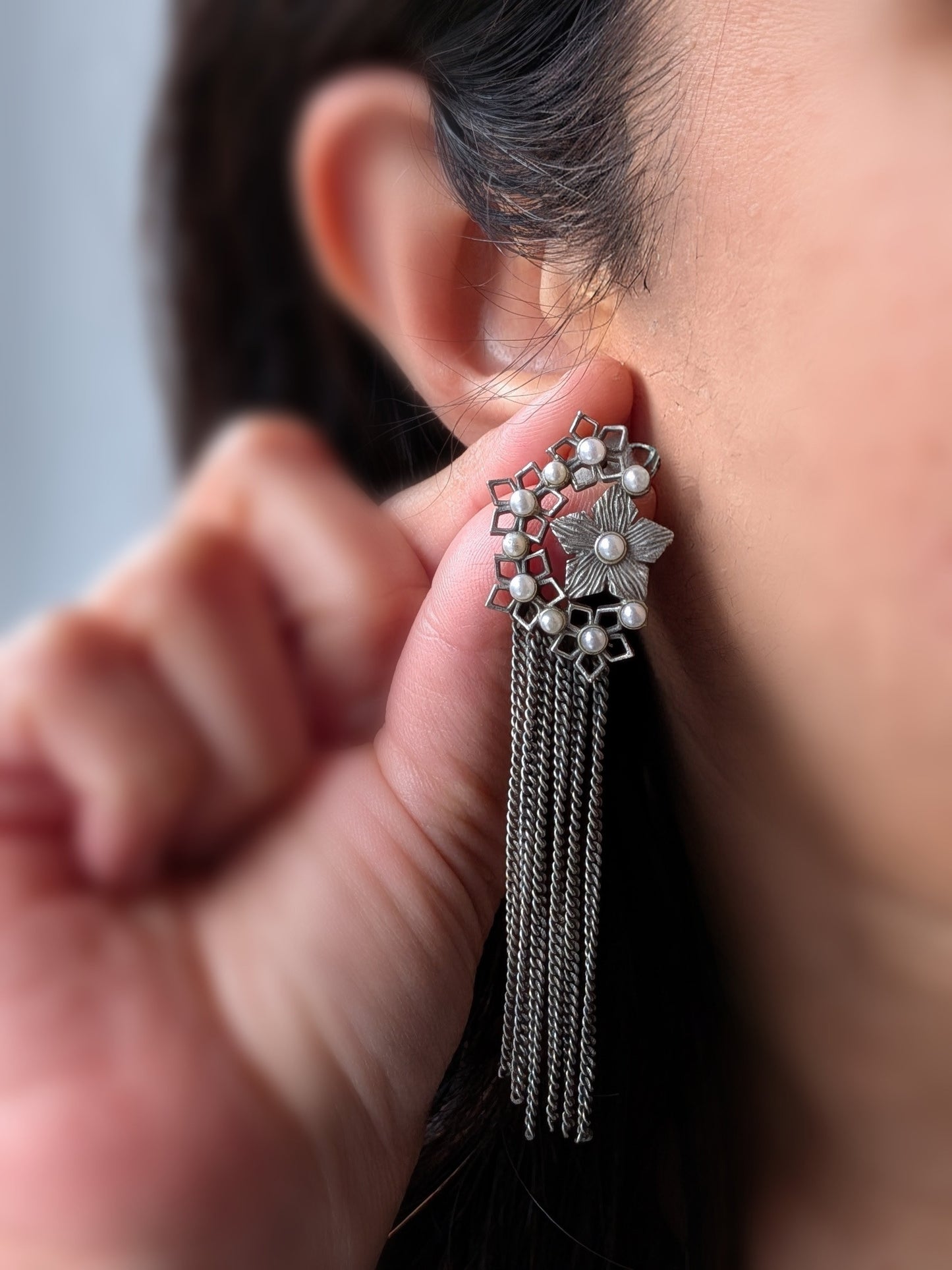 Chain Earrings with Delicate Flower Design