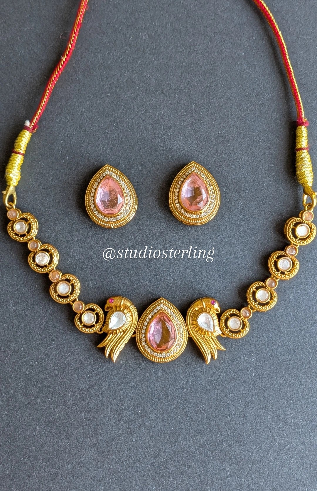 Golden Tone Choker Set with Doublet Stones - Baby Pink