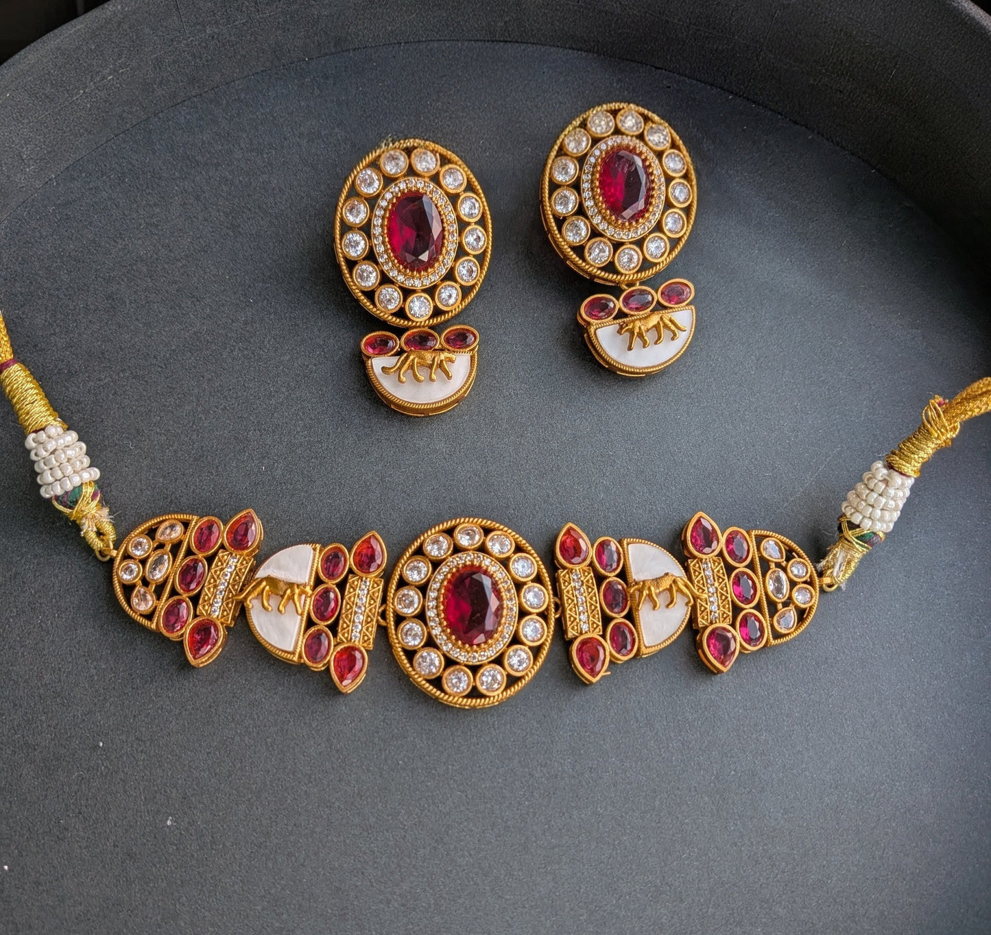 Statement Choker Set - Dark Pink & Pearl White