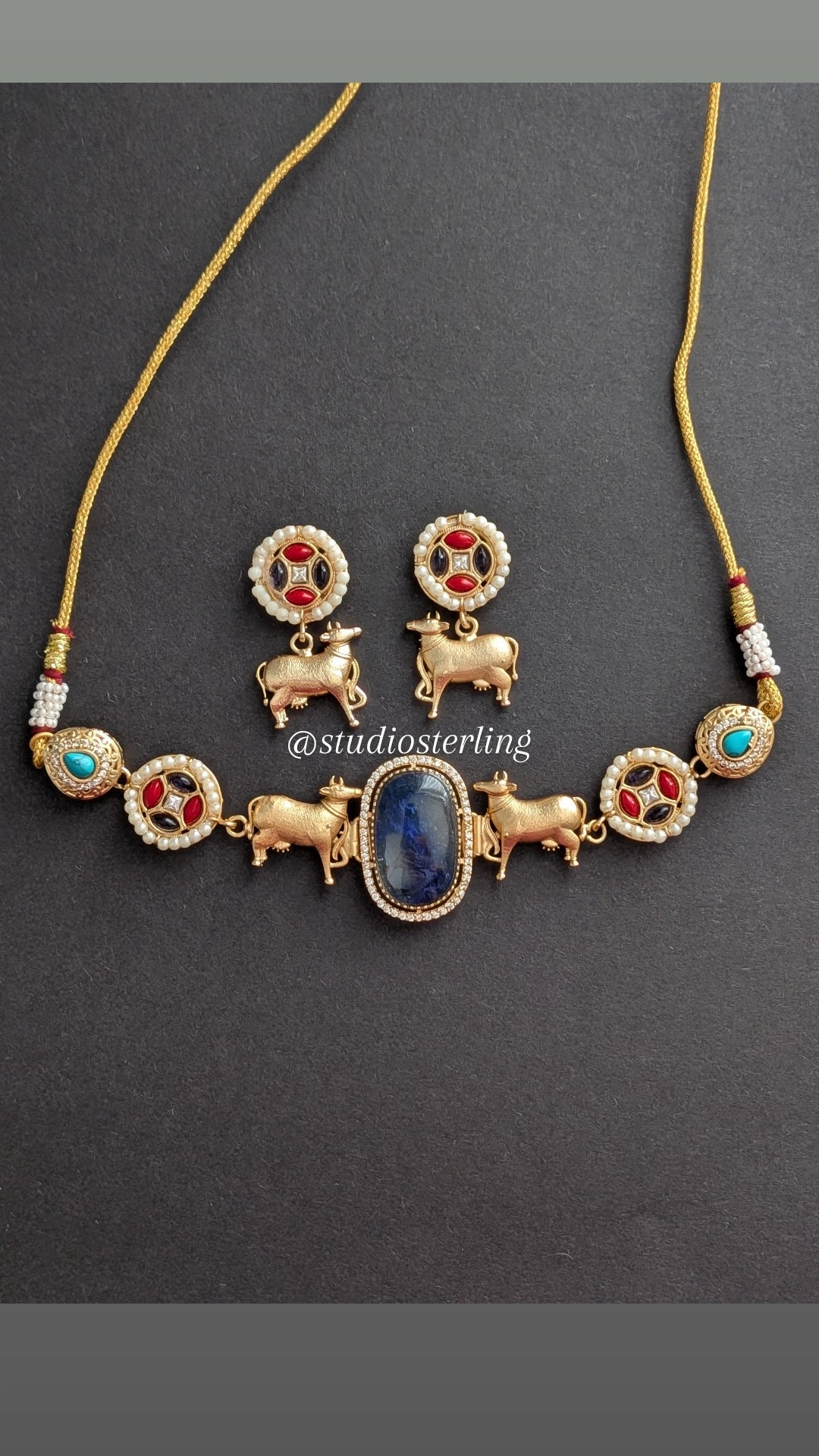 Nandi Choker Set with Russian Stone - Dark Blue