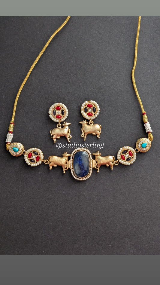 Nandi Choker Set with Russian Stone - Dark Blue