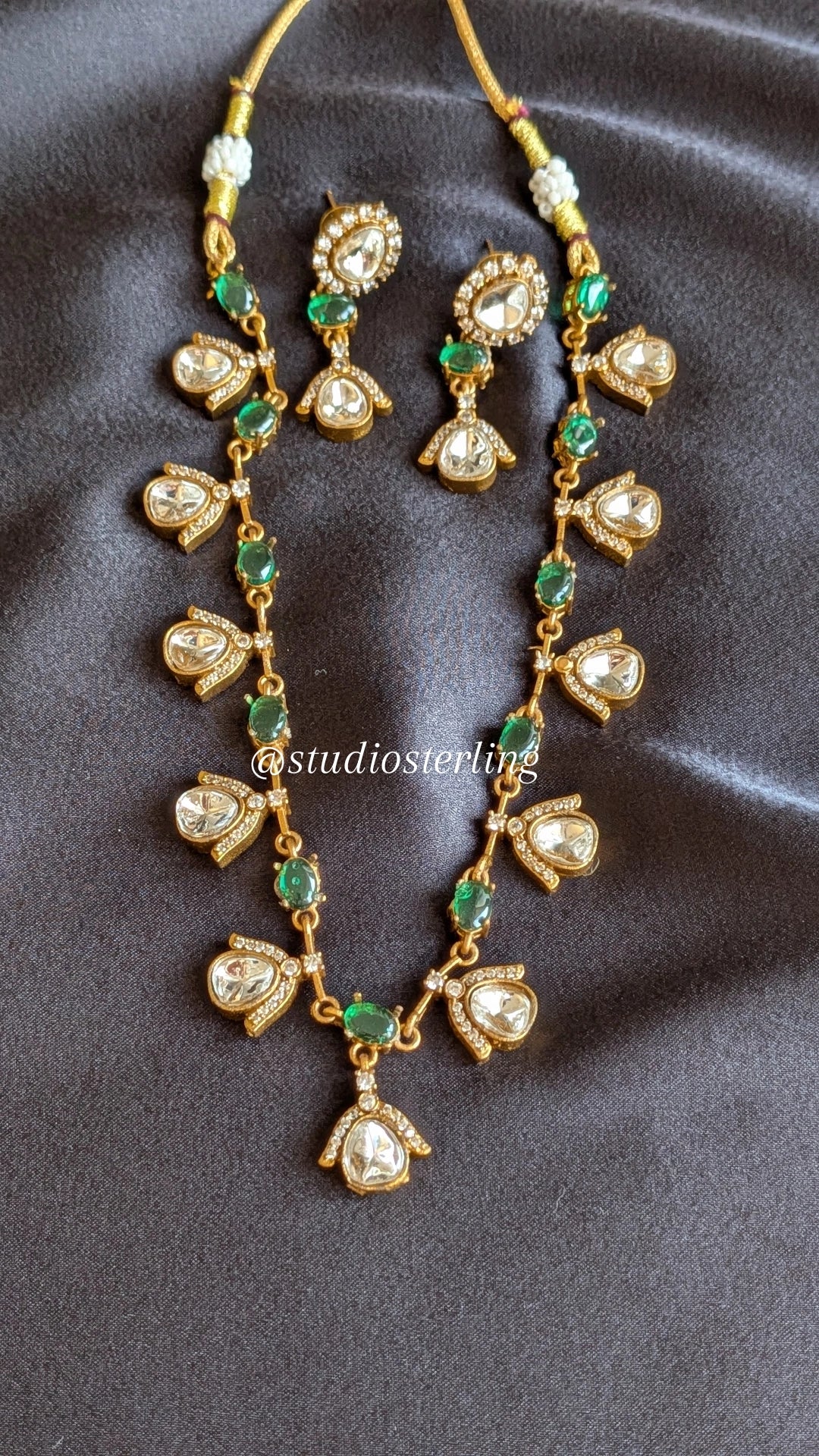 Premium Delicate Necklace Set with Polki & AD - Green