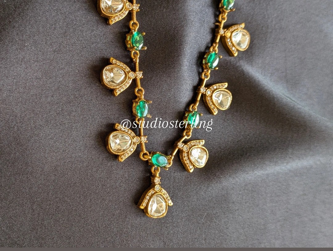 Premium Delicate Necklace Set with Polki & AD - Green