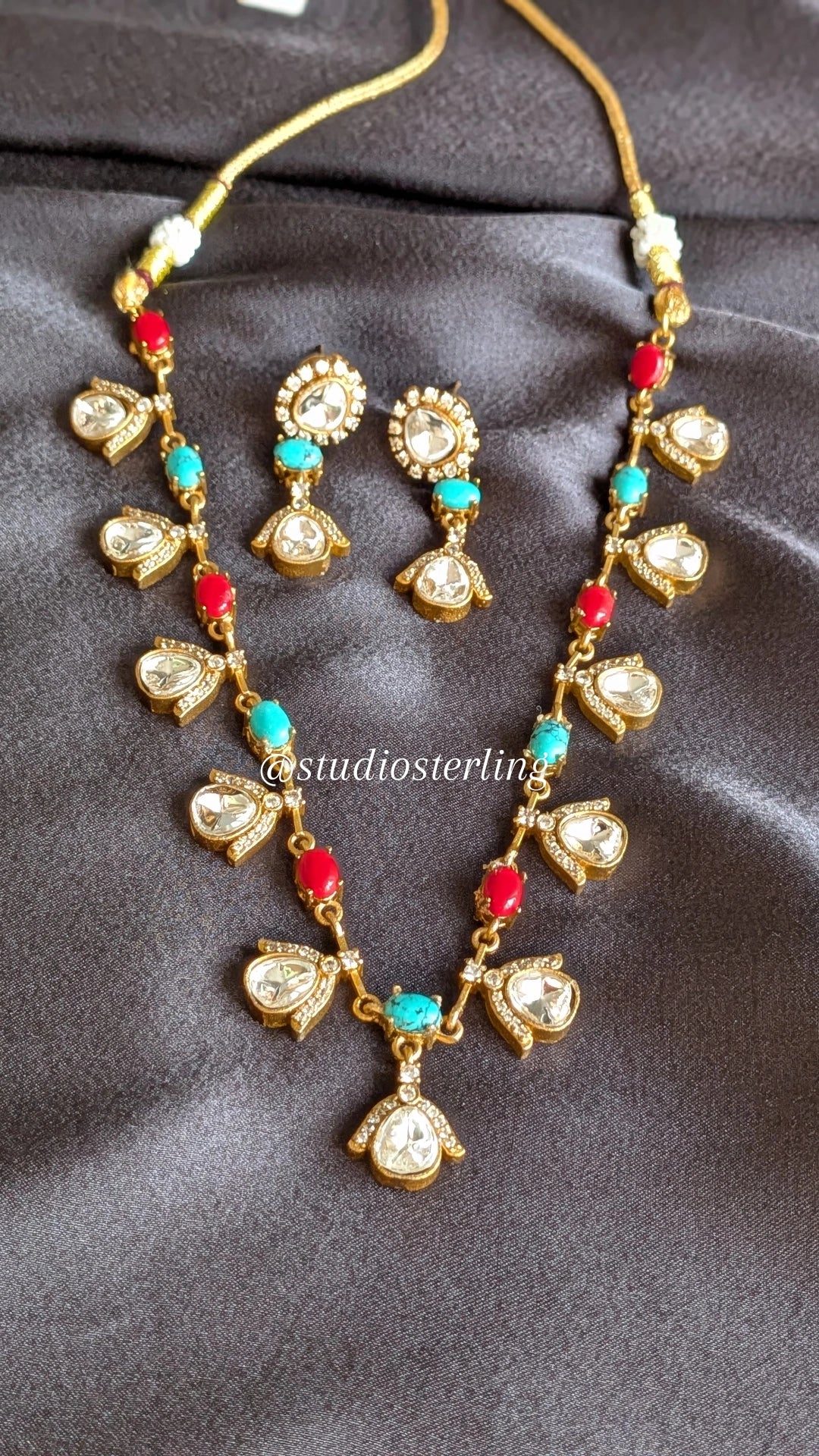 Premium Delicate Necklace Set with Polki & AD - Turquoise Blue & Coral Red