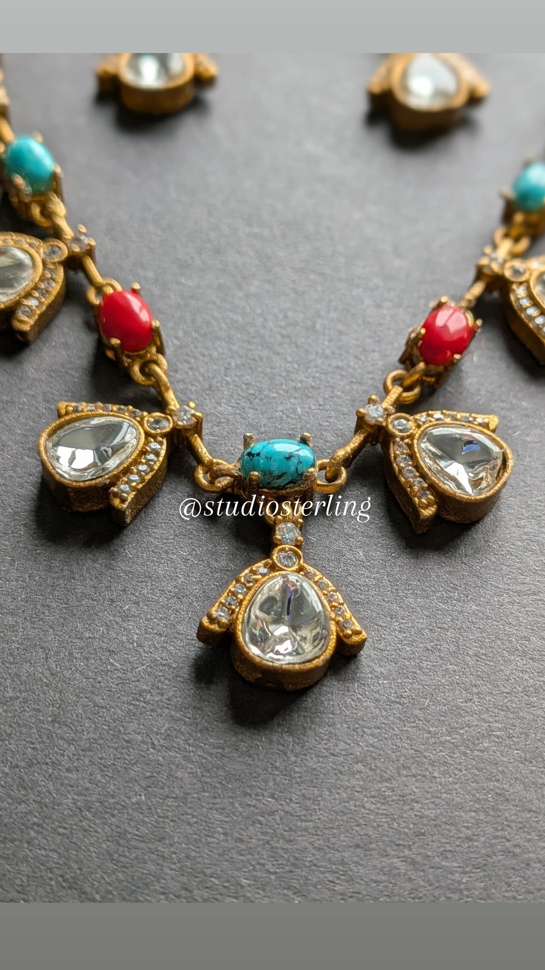 Premium Delicate Necklace Set with Polki & AD - Turquoise Blue & Coral Red