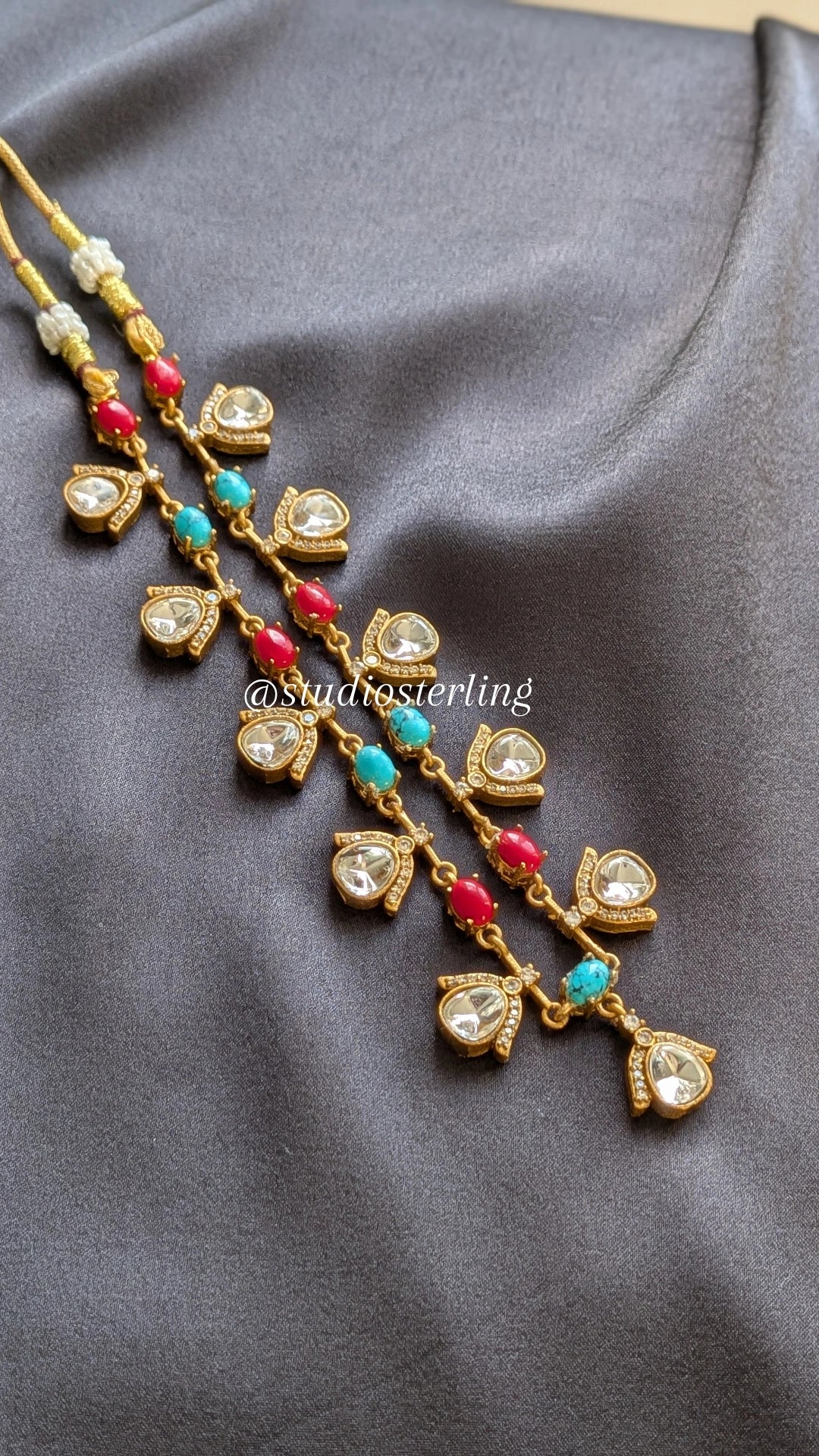 Premium Delicate Necklace Set with Polki & AD - Turquoise Blue & Coral Red