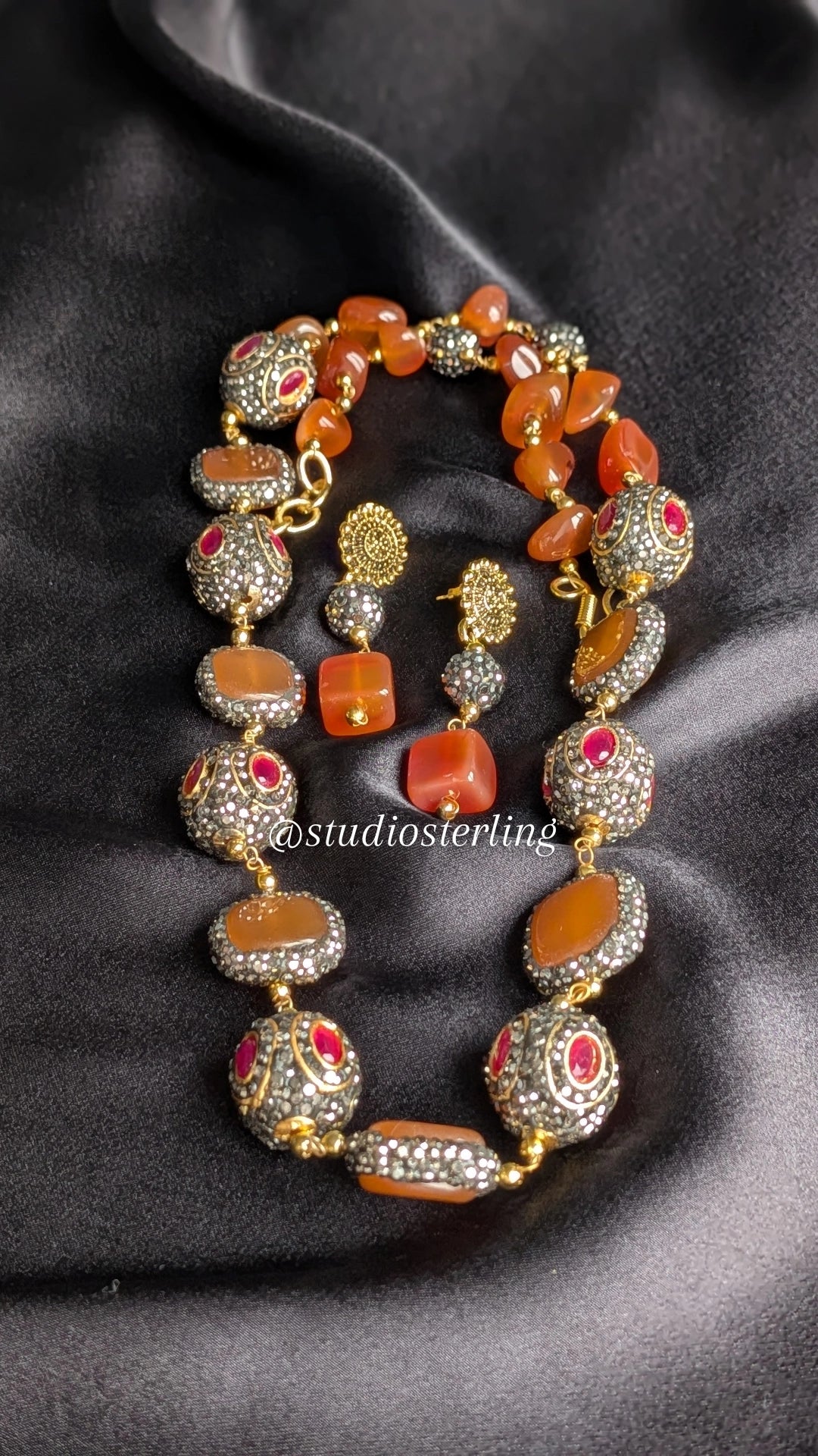 Premium Monalisa Stones Necklace Set - Burnt Orange