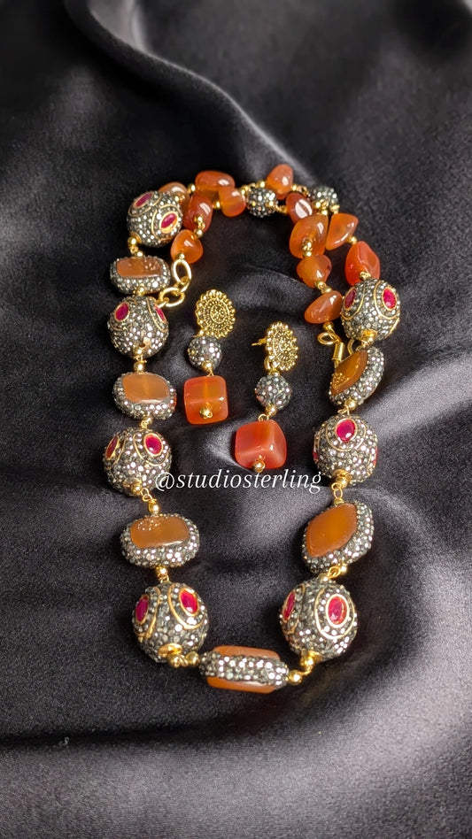 Premium Monalisa Stones Necklace Set - Burnt Orange