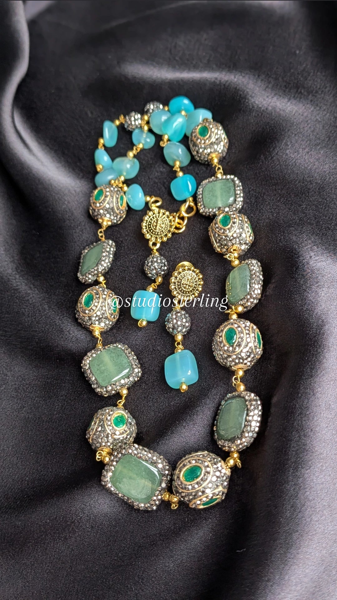 Premium Monalisa Stones Necklace Set - Turquoise Blue