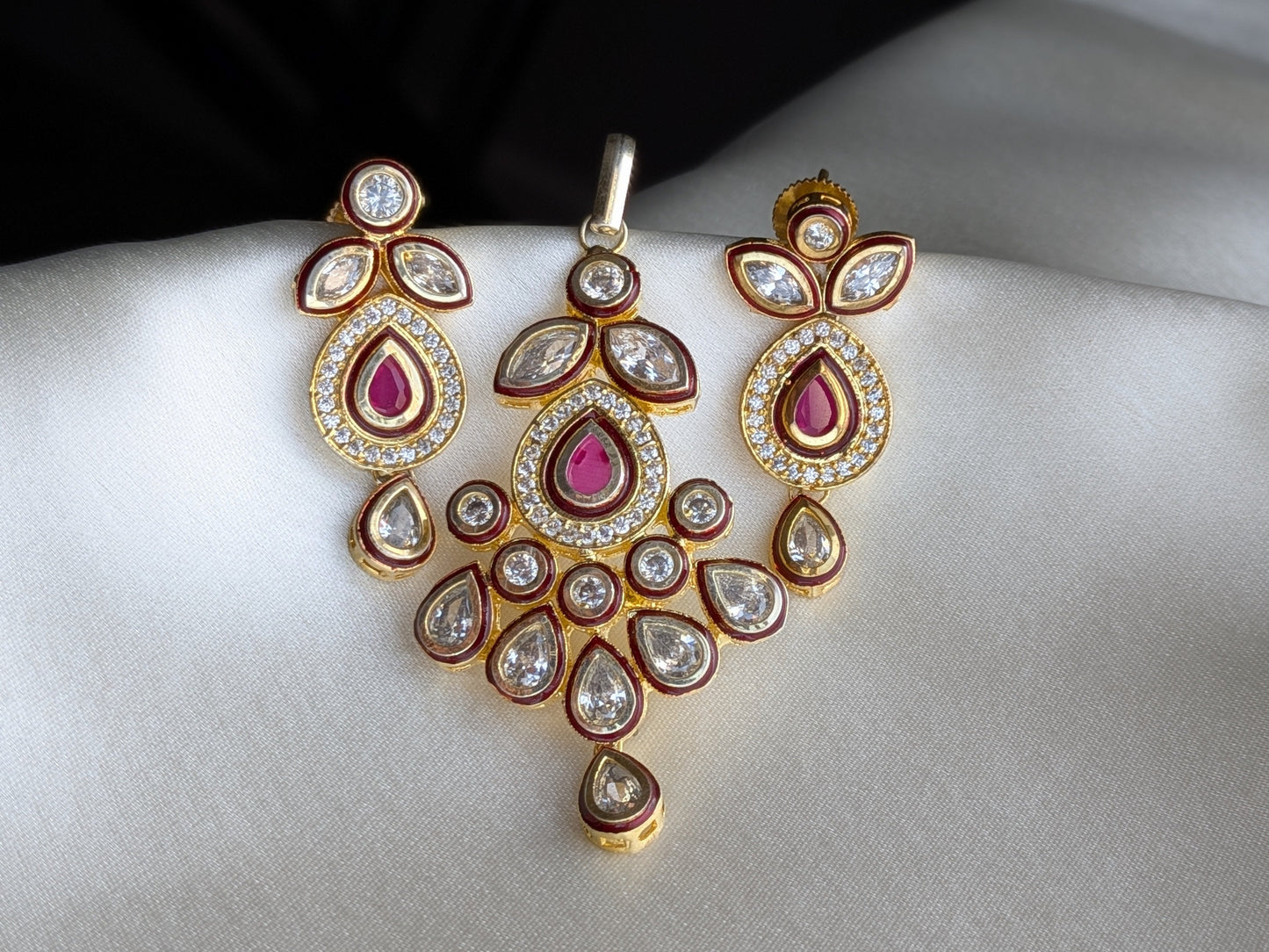Golden Pendant Set with Kundan and AD in Ruby Red
