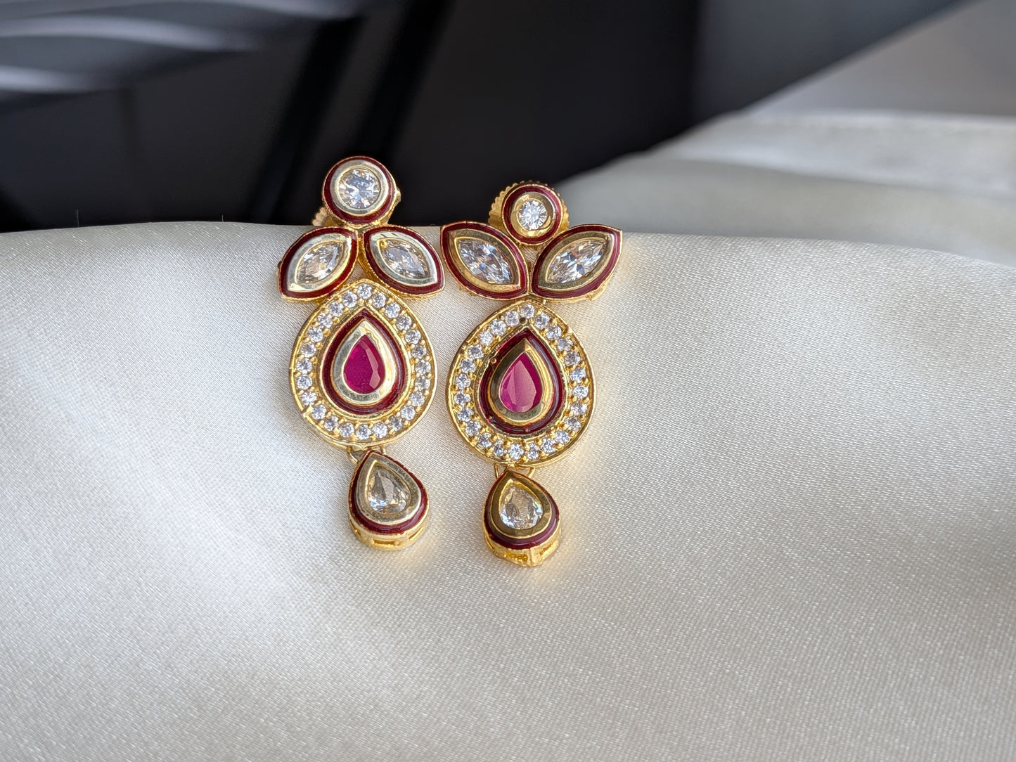 Golden Pendant Set with Kundan and AD in Ruby Red