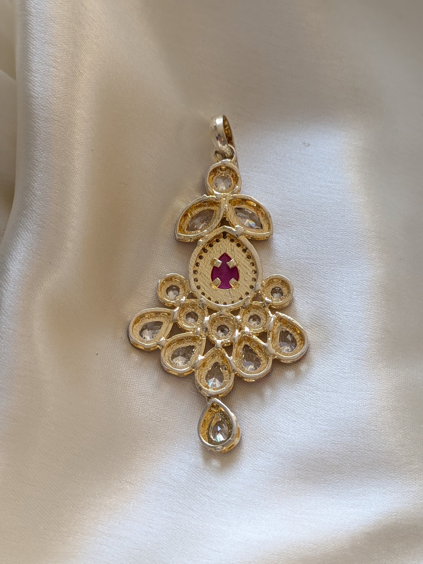 Golden Pendant Set with Kundan and AD in Ruby Red