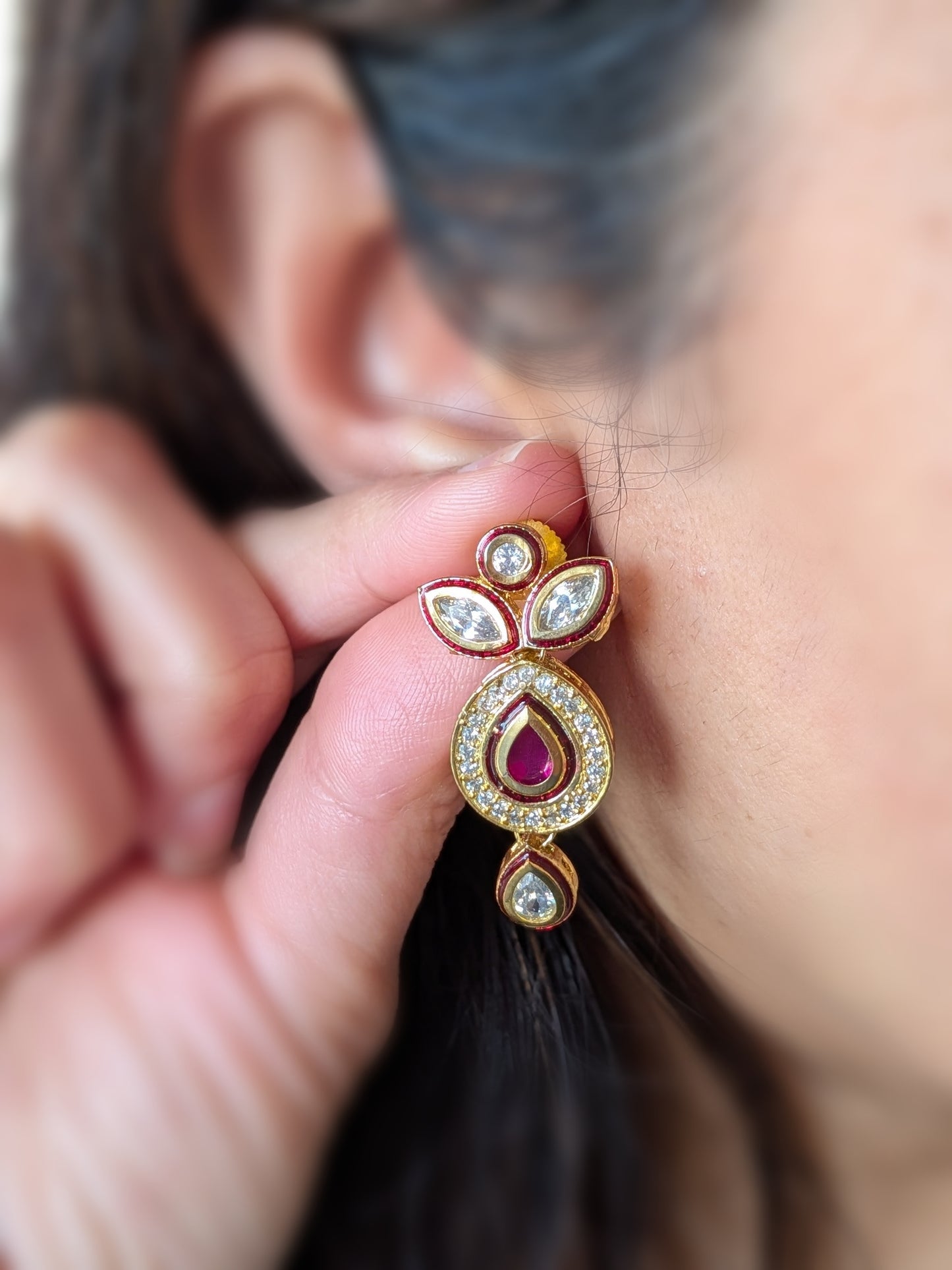 Golden Pendant Set with Kundan and AD in Ruby Red