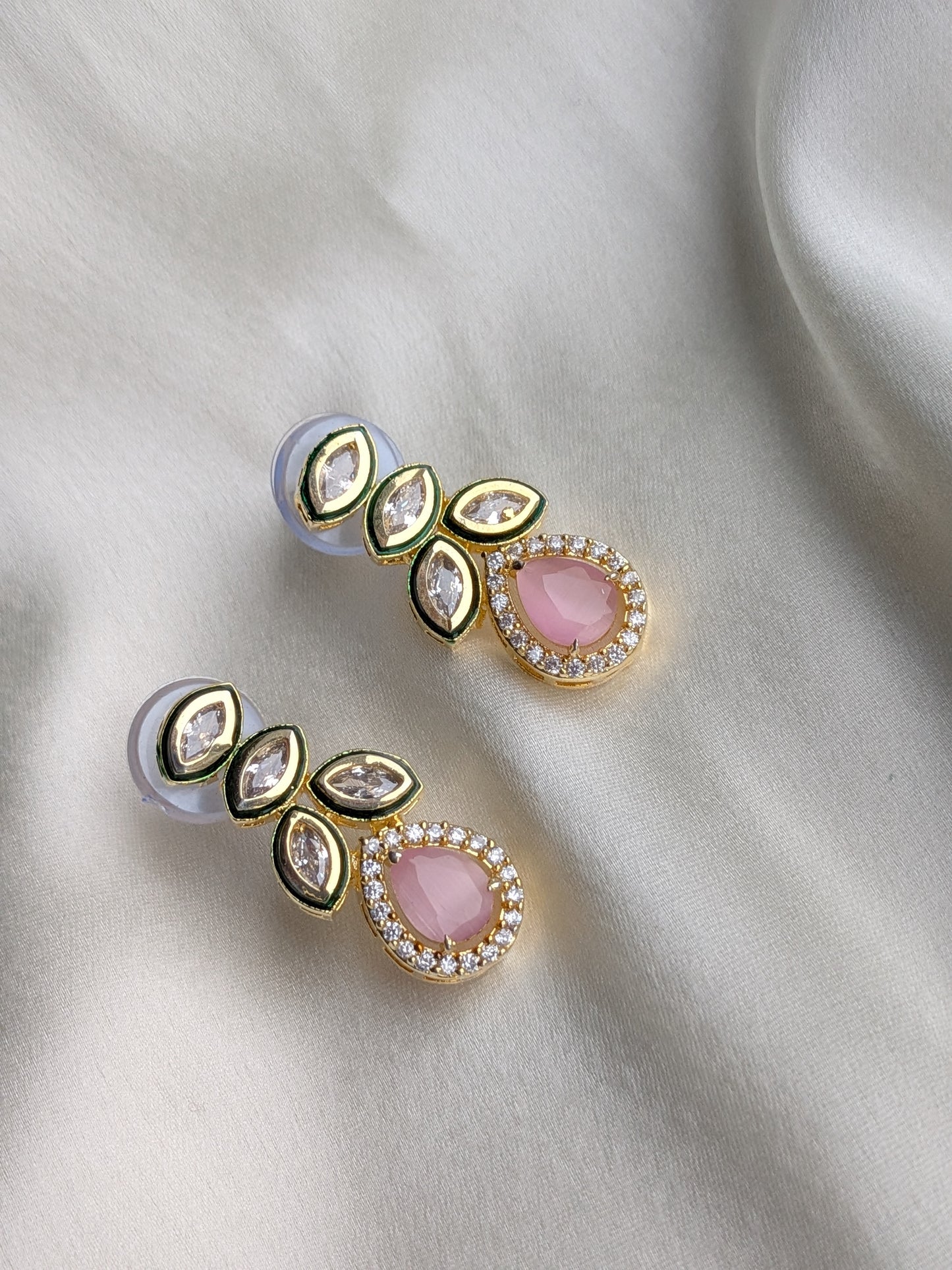 Golden earrings with Kundan and AD in baby pink