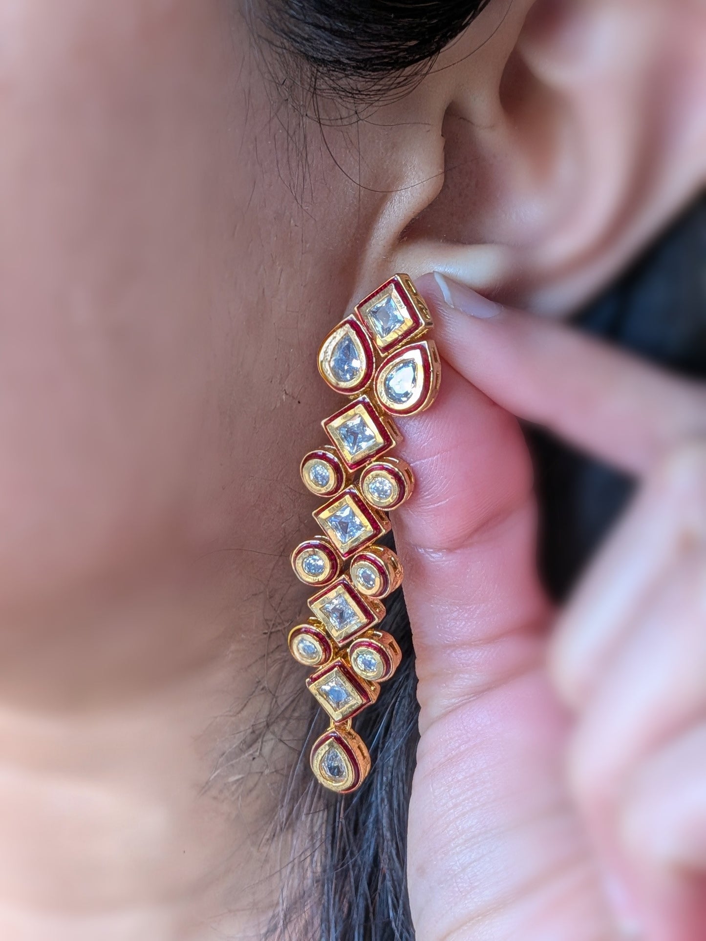 Golden Long Earrings in Kundan