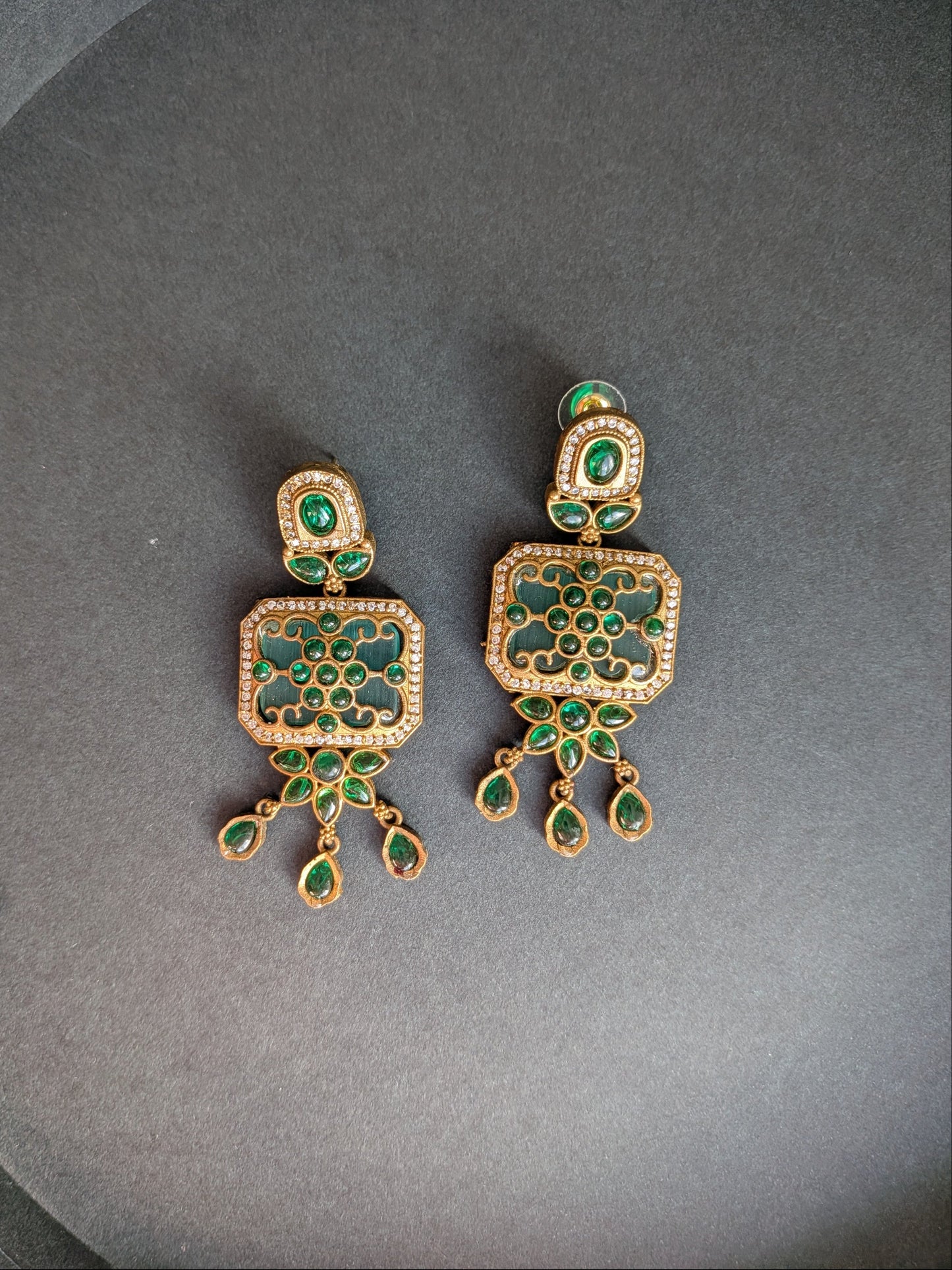 Premium Apala Polish Earrings with Monalisa Stones & AD - Green