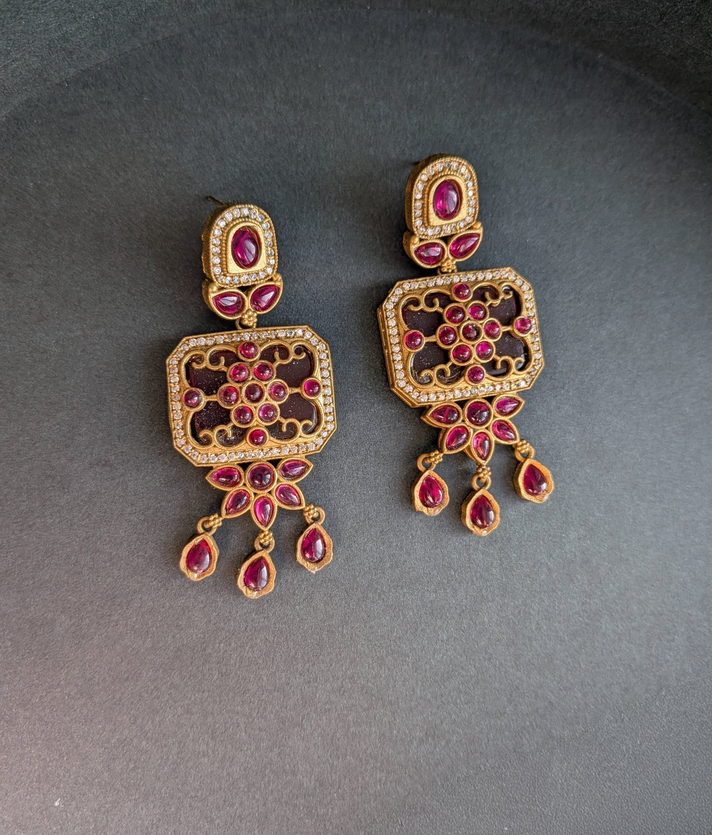 Premium Apala Polish Earrings with Monalisa Stones & AD - Dark Pink