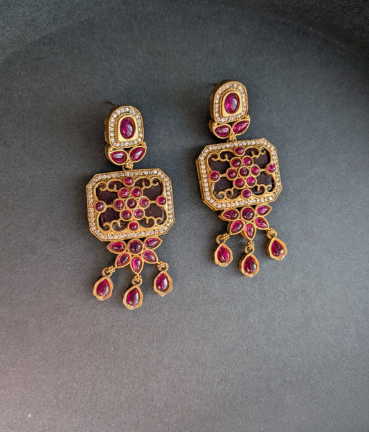 Premium Apala Polish Earrings with Monalisa Stones & AD - Dark Pink